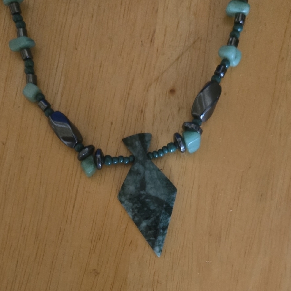 Green Beaded Necklace with Organic Pendant Excellent Condition